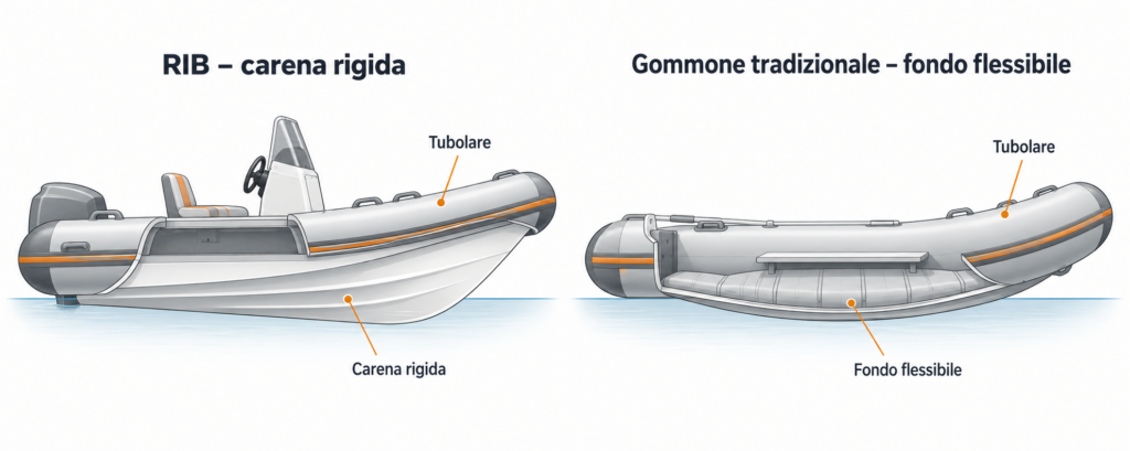 Confronto tra un RIB con carena rigida e un gommone tradizionale con fondo flessibile